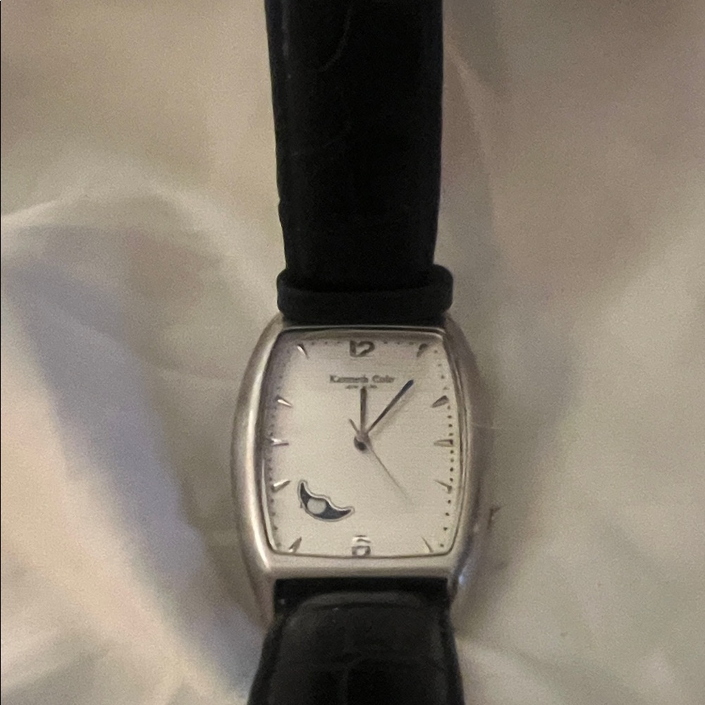 Kenneth Cole Silver-Tone Case Watch with Black Leather Strap and White Dial